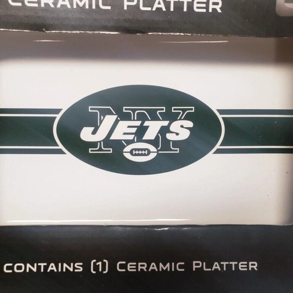 New York Jets Game Time Sculpted Ceramic Serving Platter Green White 15" x 8" - Picture 2 of 4